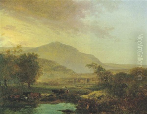 Romische Campagna-landschaft Im Abendlicht Mit Heimkehrender Herde, Im Hintergrund Der Ponte Molle Oil Painting by Adam Pynacker