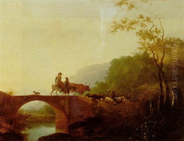 Herders On A Bridge With A Mountainous Wooded Landscape Beyond Oil Painting by Adam Pynacker