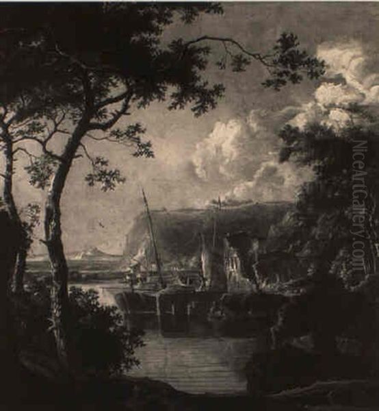 An Italianate Landscape With A Barge Moored At A Ruined Quay Oil Painting by Adam Pynacker