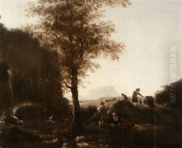 Landscape With Sheperds By A Waterfall Oil Painting by Adam Pynacker