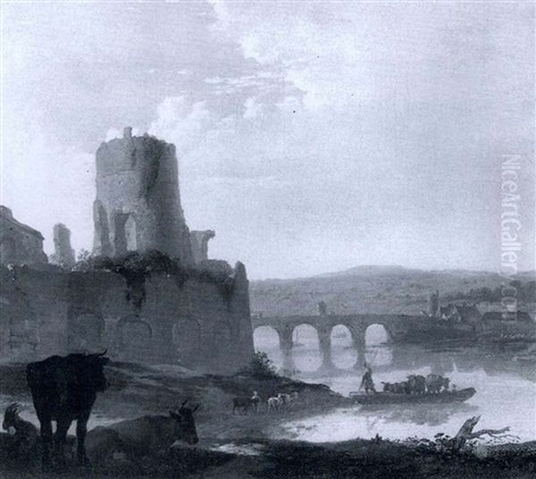 Cattle On A Ferry Crossing A River In An Italianate         Landscape Oil Painting by Adam Pynacker