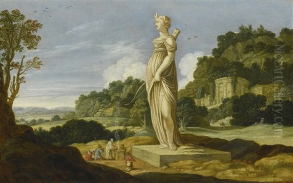 Landscape With Worshippers At The Altar Of Diana Oil Painting by Jacob Symonsz Pynas