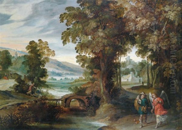 Bewaldete Landschaft Mit Tobias Und Dem Engel Oil Painting by Jacob Symonsz Pynas