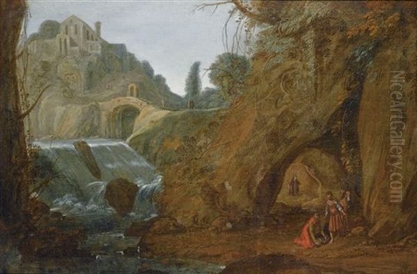 The Good Samaritan In A River Landscape Oil Painting by Jacob Symonsz Pynas