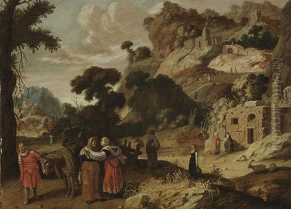 Ruth Und Noemi. In Felsiger Landschaft Mit Figurenstaffage Nimmt Ruth Abschied Von Ihrer Schwiegermutter Noemi, Neben Der Ein Knecht Mit Esel Wartet, Um Ruth Zu Boas Zu Bringen Oil Painting by Jacob Symonsz Pynas