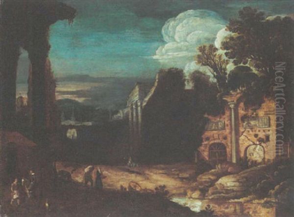 A Wooded Landscape With Travellers Amongst Classical Ruins Oil Painting by Jacob Symonsz Pynas