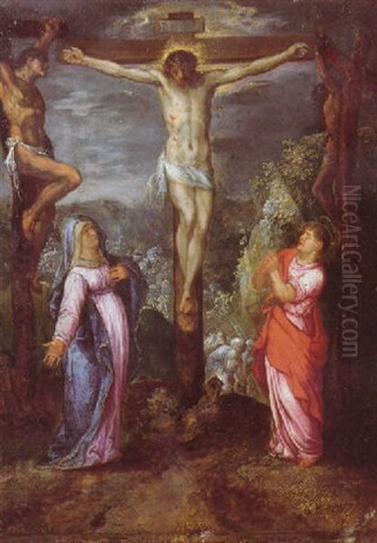 The Crucifixion With The Virgin Mary And Saint John The Evangelist Oil Painting by Jacob Symonsz Pynas