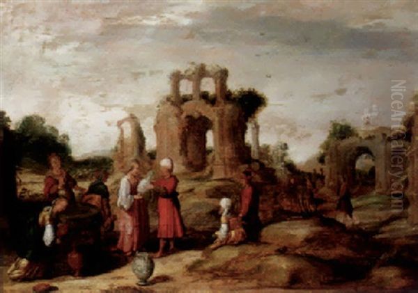 Rebecca And Eliezer At The Well Oil Painting by Jacob Symonsz Pynas