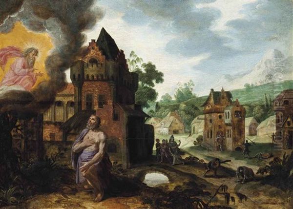 God The Father Appearing To Job, A Village Being Pillaged Beyond Oil Painting by Jan Pynas