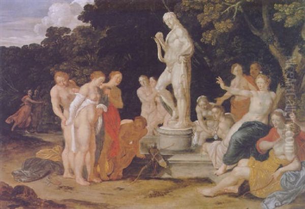 A Statue Of Apollo Surrounded By Diana And Her Nymphs Oil Painting by Jan Pynas