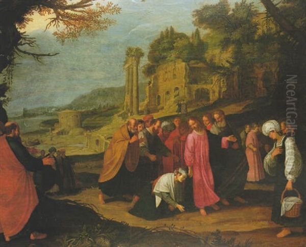 Christ With His Disciples And Jairus, A Woman Touching The Hem Of Christ's Garment Oil Painting by Jan Pynas