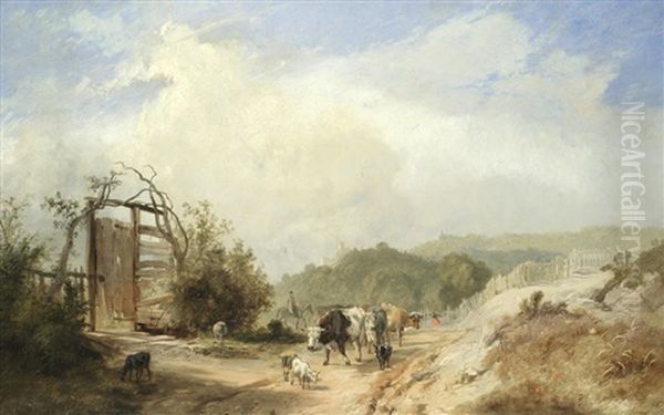 Wooded Landscape, With Drover, Cattle And Goats On A Path Oil Painting by James Baker Pyne