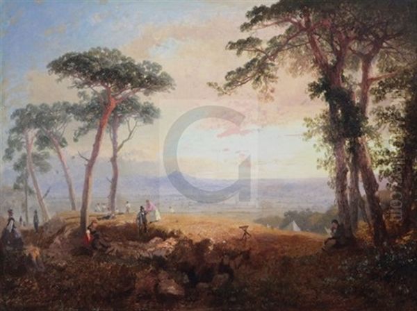 Extensive Landscape With Figures Beneath Pine Trees In The Foreground Oil Painting by James Baker Pyne