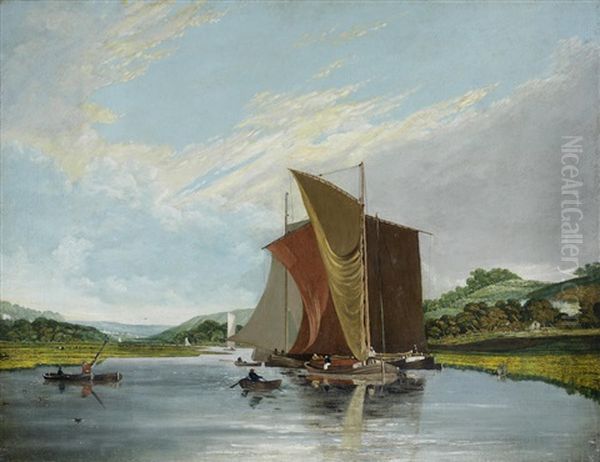 Barges On A River Oil Painting by James Baker Pyne