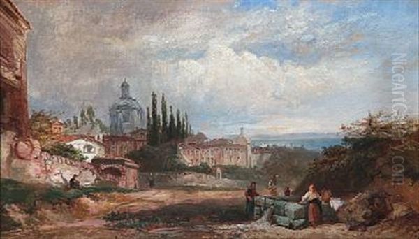 People By Washing Well With A Italian City In The Background Oil Painting by James Baker Pyne