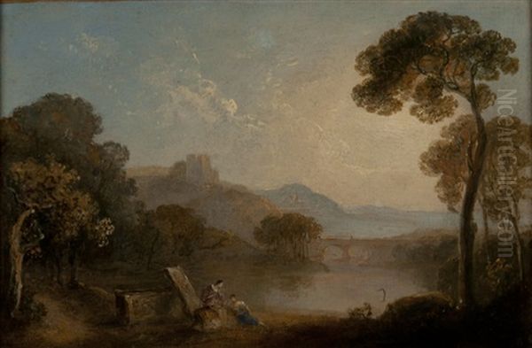 Paysage Italien Avec Ruine Et Pont Et Personnage En Conversation Au Premier Plan Oil Painting by James Baker Pyne