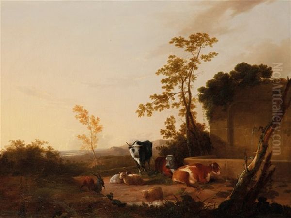 Cattle Beside A Cistern With A Hilly Landscape Beyond Oil Painting by James Baker Pyne