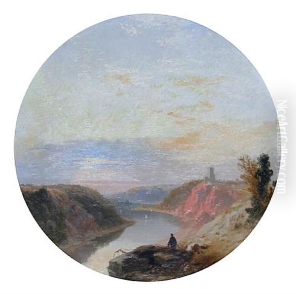 Man Before A Landscape Overlooking A River (river Avon At Clifton?) Oil Painting by James Baker Pyne