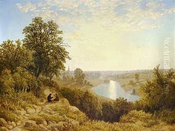 Engelsk Sommerlandskab Med To Smadrenge Pa En Sti Ved En Flod, Der Snor Sig Gennem Landskabet Oil Painting by James Baker Pyne