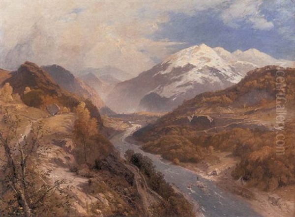 Angling In A Mountainous River Landscape Oil Painting by James Baker Pyne