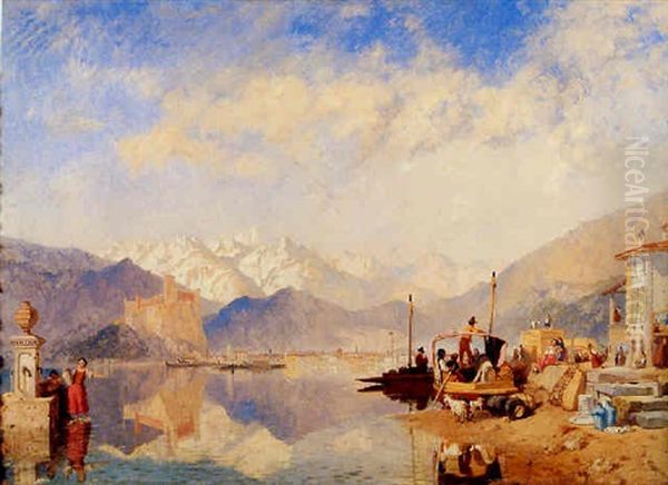 Recollections Of The Lago Maggiore, Market Day At Pallanza Oil Painting by James Baker Pyne