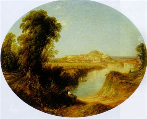 River Landscape With Figures Resting Along The Bank, A Hilltop Town Beyond Oil Painting by James Baker Pyne