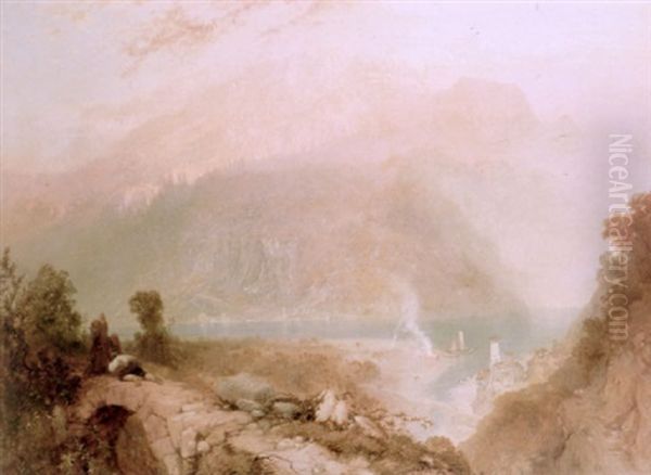 An Extensive View Of A North Italian Lake (lake Como?) Snow-covered Alps Beyond, Supplicants On A Bridge In The Foreground Oil Painting by James Baker Pyne