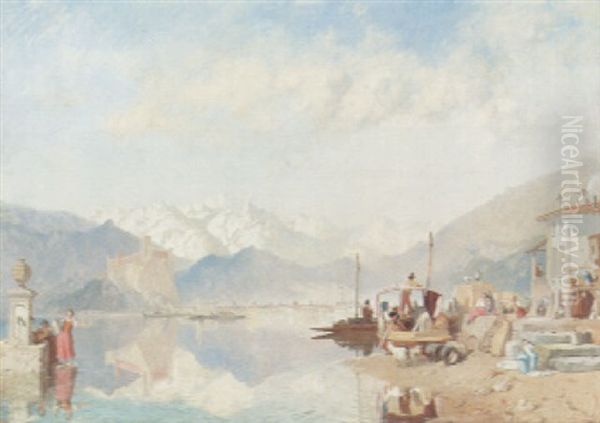 Recollections Of The Lago Maggiore - Market Day At Pallanza Oil Painting by James Baker Pyne