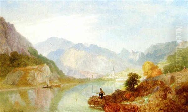 A Picnic On He Lago D'arta, With The Town Of Amegna Beyond Oil Painting by James Baker Pyne