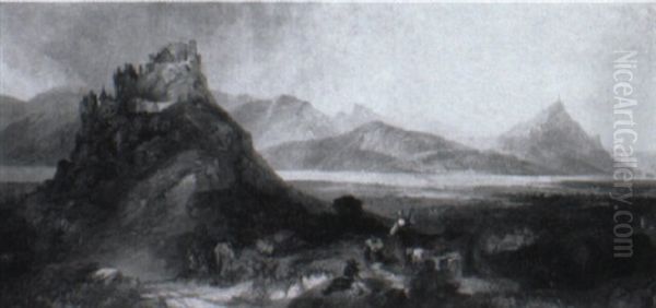 Figures On A Rocky Outcrop Of A River Valley Oil Painting by James Baker Pyne