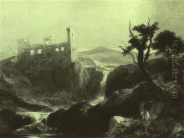 Landscape With Castle And Ruin And A Fisherman Oil Painting by James Baker Pyne