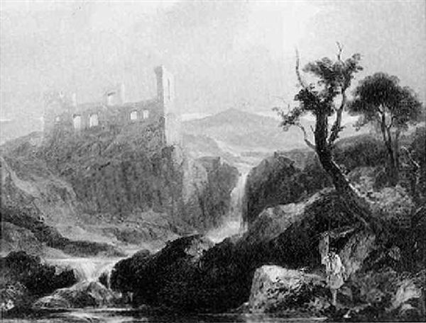 Landscape With Castle Ruin And A Fisherman by James Baker Pyne