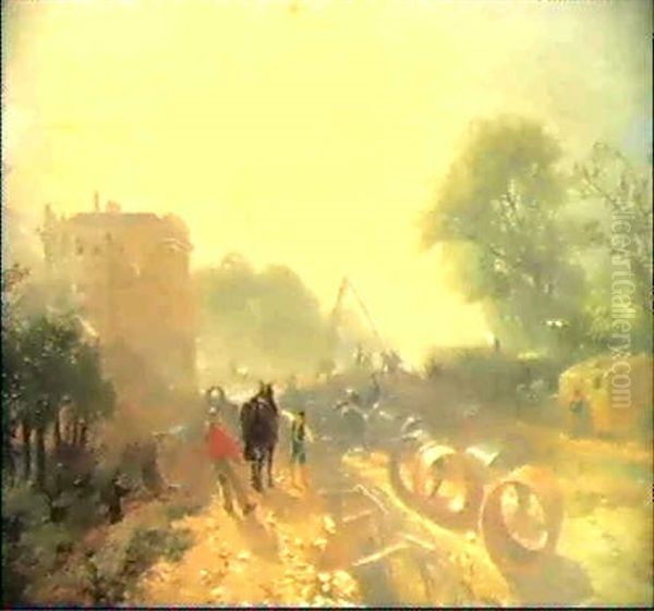 Laying Monster Tubes From The New River, Foggy Morning Oil Painting by James Baker Pyne