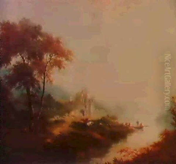 Romantic Pastorale With Castle Ruin, Fishing Boat           Leaving Shore. Oil Painting by James Baker Pyne