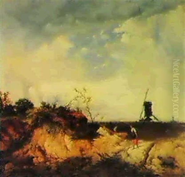 Country Folk On A Path By A Sand-dune, With Windmills       Beyond Oil Painting by James Baker Pyne