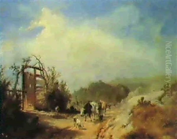 A Wooded Landscape, With A Drover, Cattle And Goats On A Path, A Castle And Church On Hills Beyond Oil Painting by James Baker Pyne