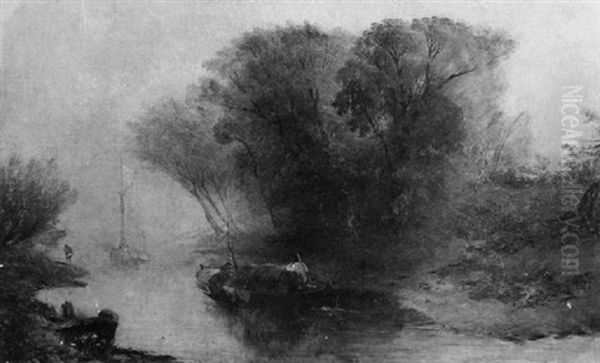 Wooded River Landscape With A Figure Towing A Boat Oil Painting by James Baker Pyne