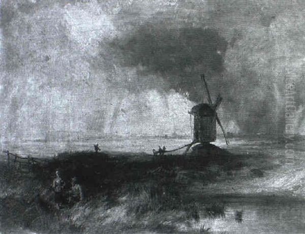 Figures In A Landscape Near A Windmill Oil Painting by James Baker Pyne