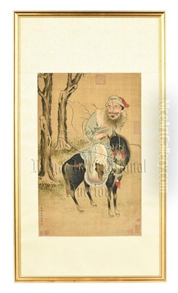 Qian Weicheng: Framed Ink And Color On Silk Painting 'horse Rider Oil Painting by  Qian Weicheng