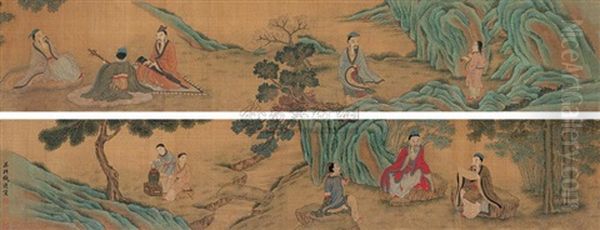 Seven Sages In The Bamboo Grove Oil Painting by  Qian Xuan