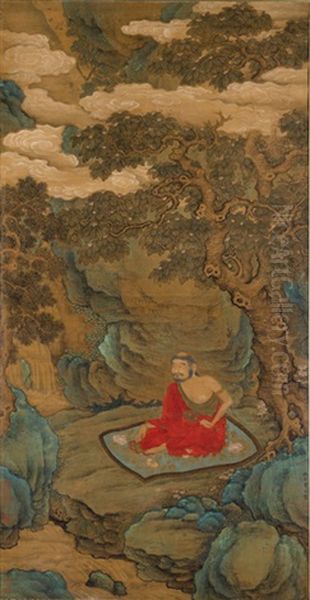 Bodhidharma Sitting Under A Sala Tree Oil Painting by  Qiu Ying