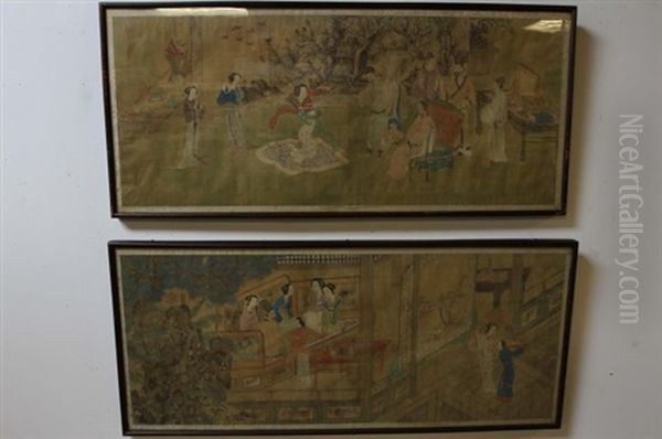 Chinese] 17th Century 2 Pieces Of Chinese Scroll Oil Painting by  Qiu Ying