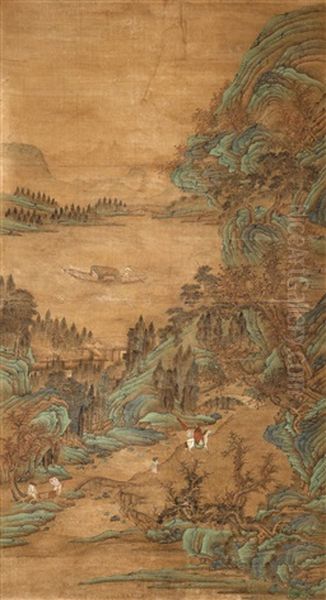 A Mountain And River Scenery With Figures by  Qiu Ying