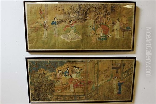 17th Century 2 Pieces Of Chinese Scroll Painting With 