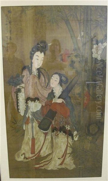 Two Famele Portraits With Bamboo Oil Painting by  Qiu Ying