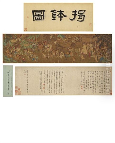 Lifting The Overturned Alms-bowl (+ Calligraphic Frontispiece And Colophon, Handscrolls; 3 Works) Oil Painting by  Qiu Ying