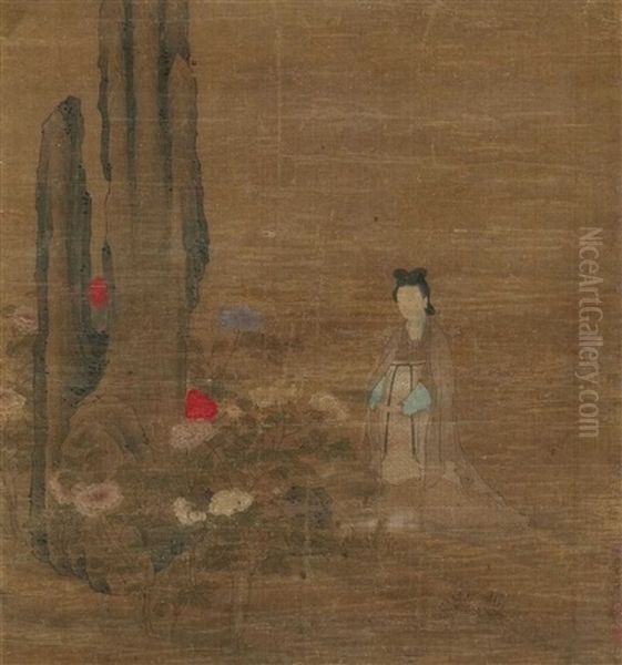 Eine Vornehme Dame Bei Der Betrachtung Von Rot Und Weis Bluhenden Strauchpaonien An Einem Hohen Gartenfelsen Oil Painting by  Qiu Ying