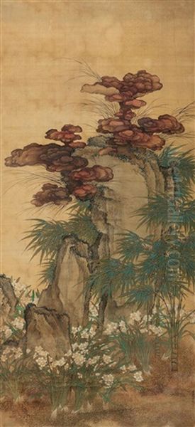 Bamboo And Rock, Ganoderma Oil Painting by  Qiu Ying