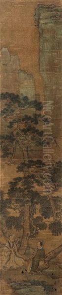 Characters Under A Pine Tree Oil Painting by  Qiu Ying