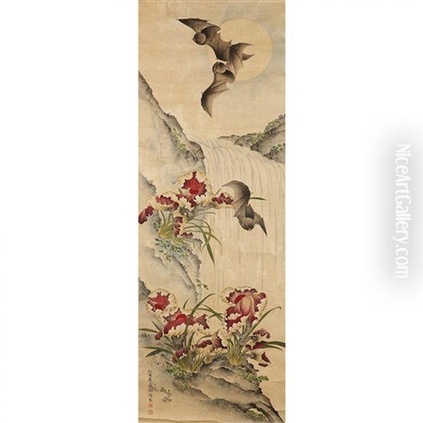 A Chinese Painting Of Bats And Lingzhi Oil Painting by  Qu Zhaolin